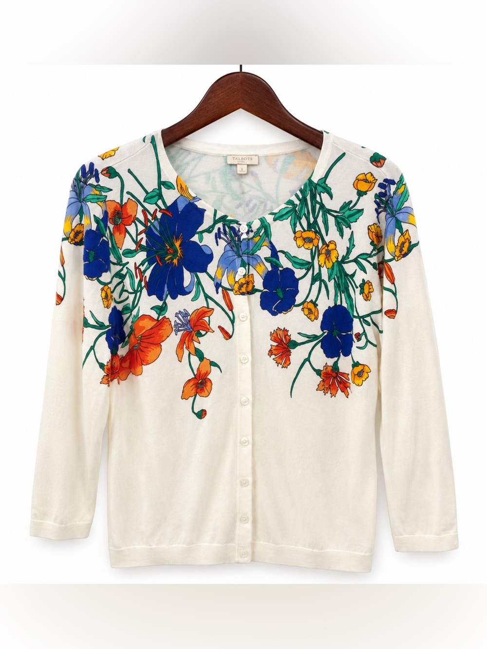 Talbots Cream Cardigan with Blue, Orange & Yellow Floral Print